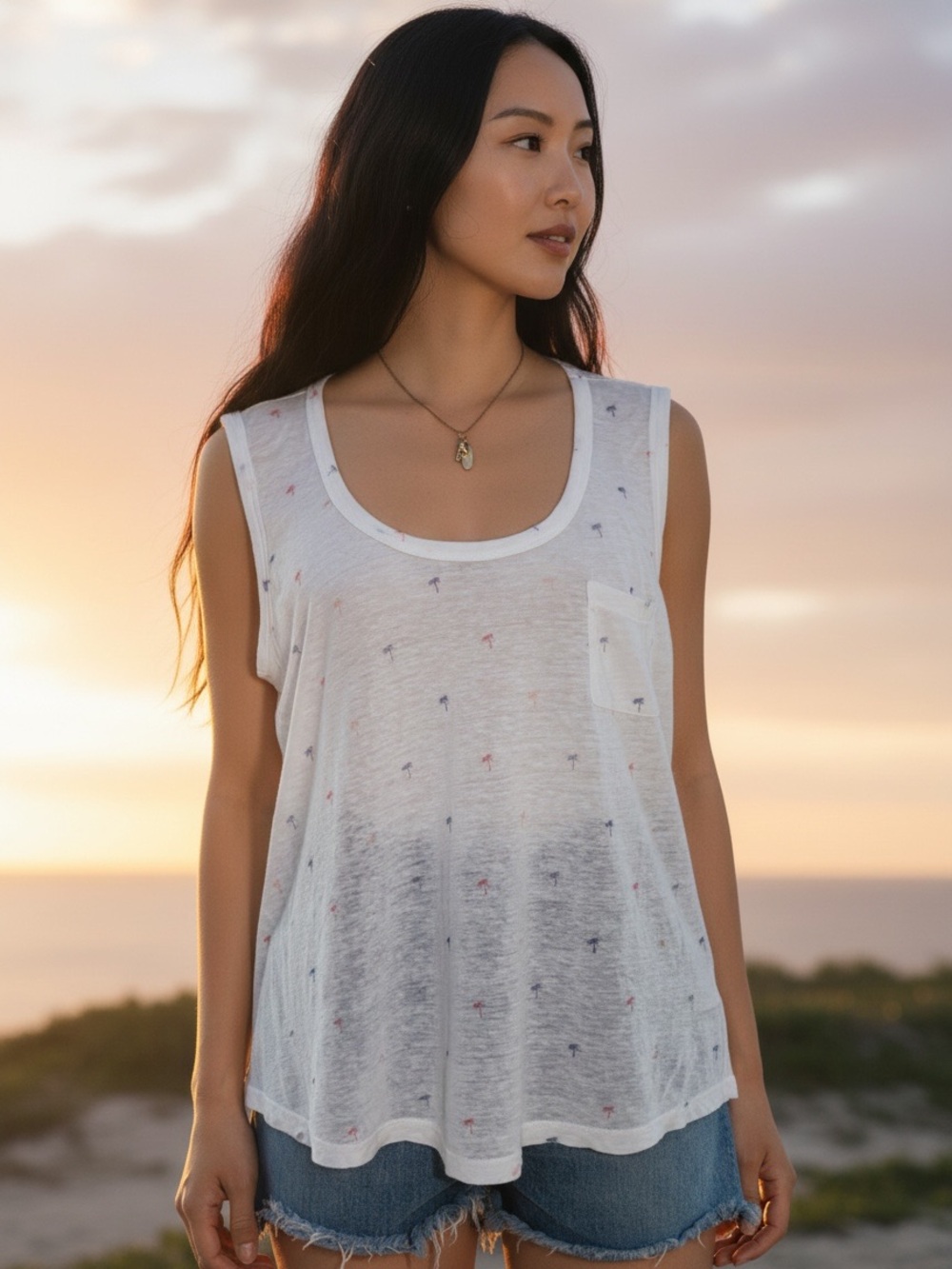 Rails Quinn White Rainbow Palms Linen Tencel Tank Top Medium